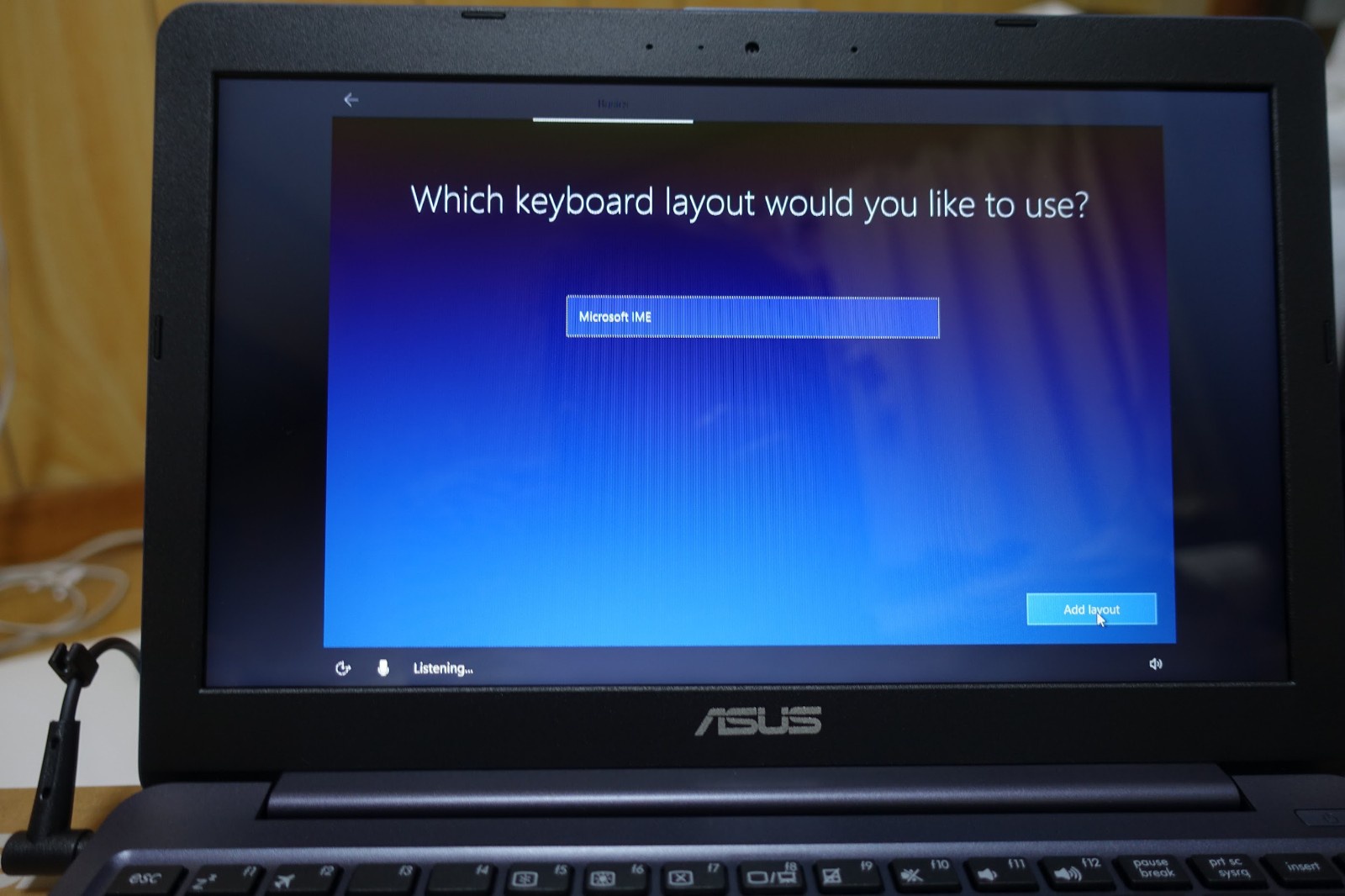キーボードレイアウト選択画面。Microsoft IMEを選択。